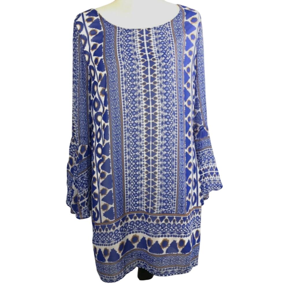 Pink Owl Dress Womens Medium V Back Blue Flounce Sleeve Retro Boho Sheer